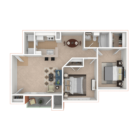 Floor plan for 2 beds, 1 bath, 750 sqft